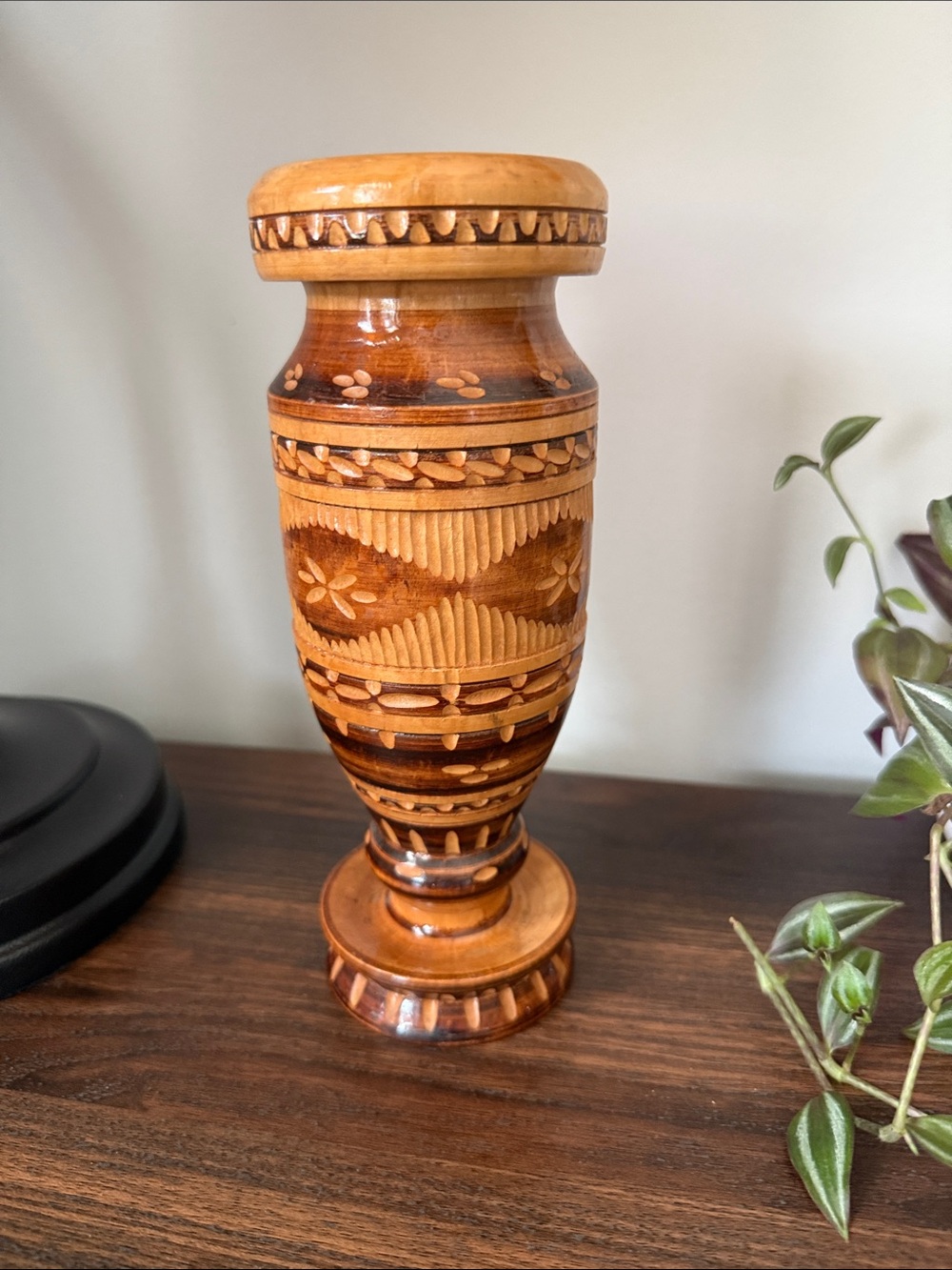 Vintage Hand Turned Carved Wooden Vase 8” Rustic Boho Folk Art Decor